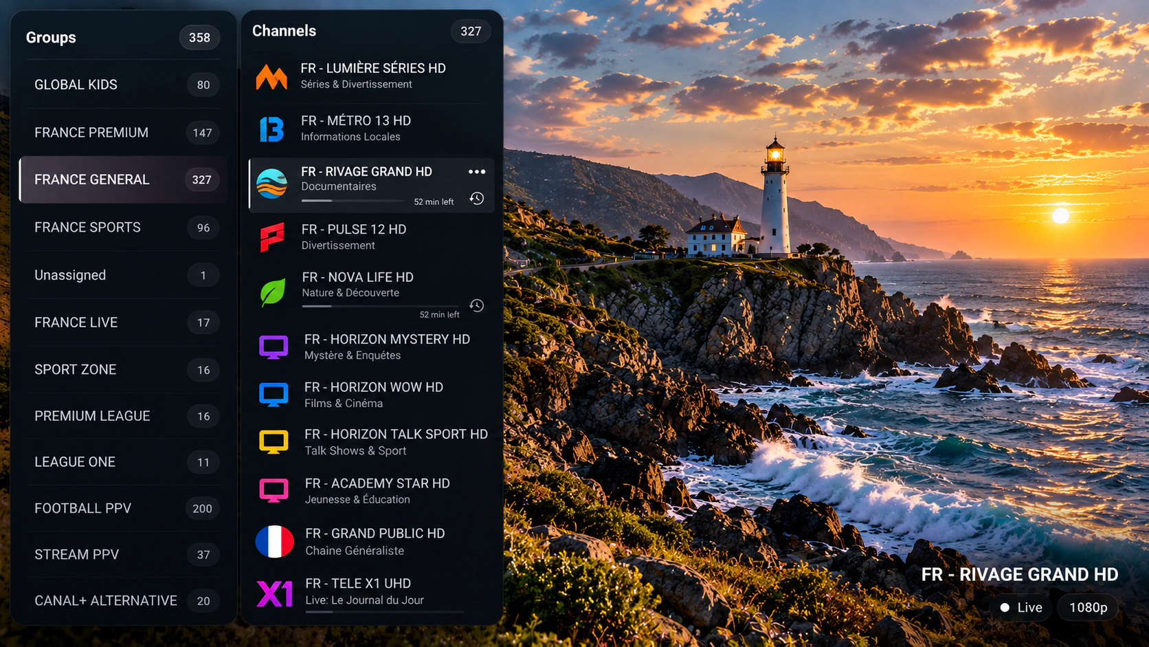 ASIPTV Live TV groups and channels interface on Android TV